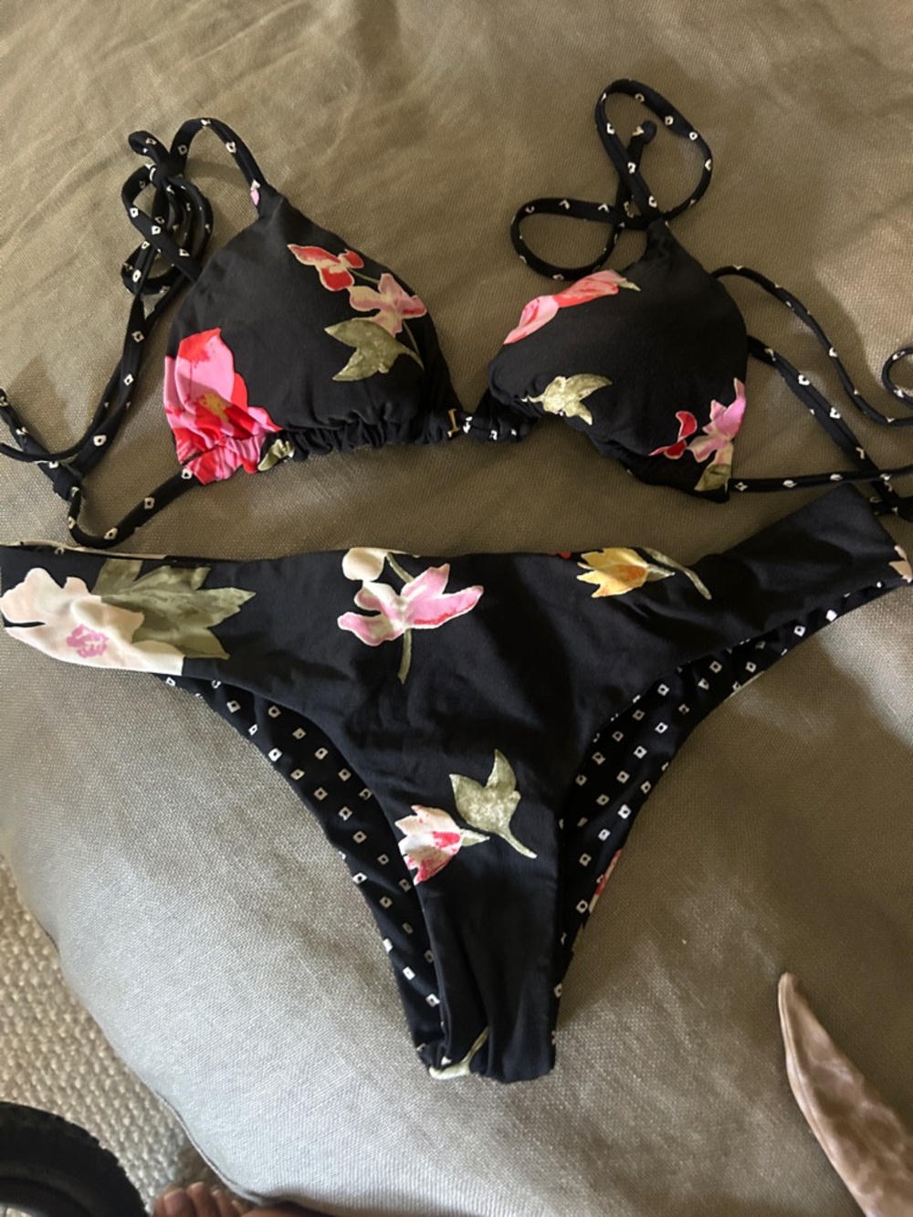 Billabong Black Floral Triangle Bikini with Pink and Green Accents